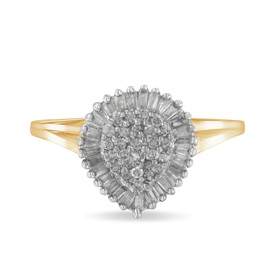 10K Yellow Gold 1/2 Cttw Round & Baguette Cut Diamond Pear Shaped Domed PavÃ© Cluster with Halo Cocktail Ring (J-K Color, I1-I2 Clarity)