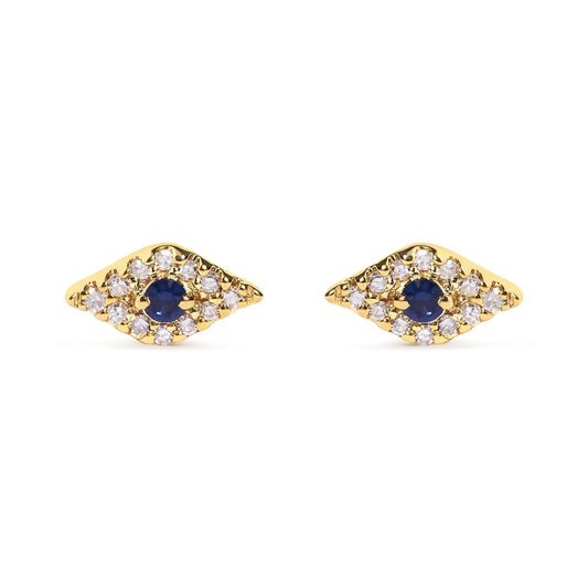 10K Yellow Gold Blue Sapphire and Diamond Accent Evil Eye Stud Earring (H-I Color, I1-I2 Clarity)