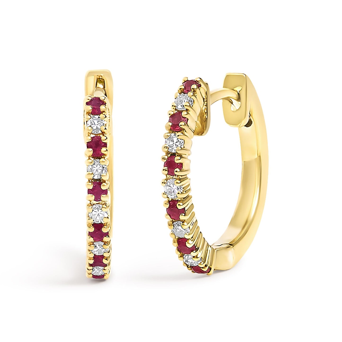 10K Gold Alternating Diamond and Red Ruby Huggy Hoop Earrings