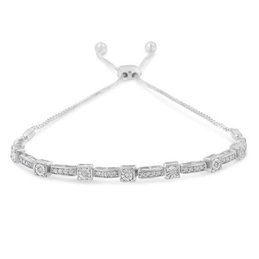 .925 Sterling Silver 1/4 Cttw Diamond 4â€-10â€ Adjustable Bolo Alternating Square and Rectangle Bolo Bracelet (I-J Color, I3 Clarity)