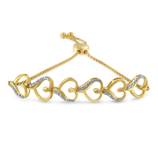 10K Yellow Gold over .925 Sterling Silver Diamond Accented Open Hearts 6â€-9â€ Adjustable Chain Bolo Bracelet (H-I Color, I2-I3 Clarity)