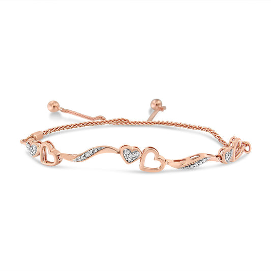 .925 Sterling Silver 1/10 Cttw Diamond Wave and Hearts 4â€-10â€ Adjustable Bolo Bracelet (I-J Color, I3 Clarity)