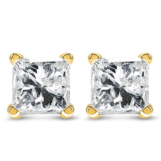 AGS Certified 14k Yellow Gold 1/4 cttw 4-Prong Set Princess-Cut Solitaire Diamond Push Back Stud Earrings (F-G Color, SI2-I1 Clarity)