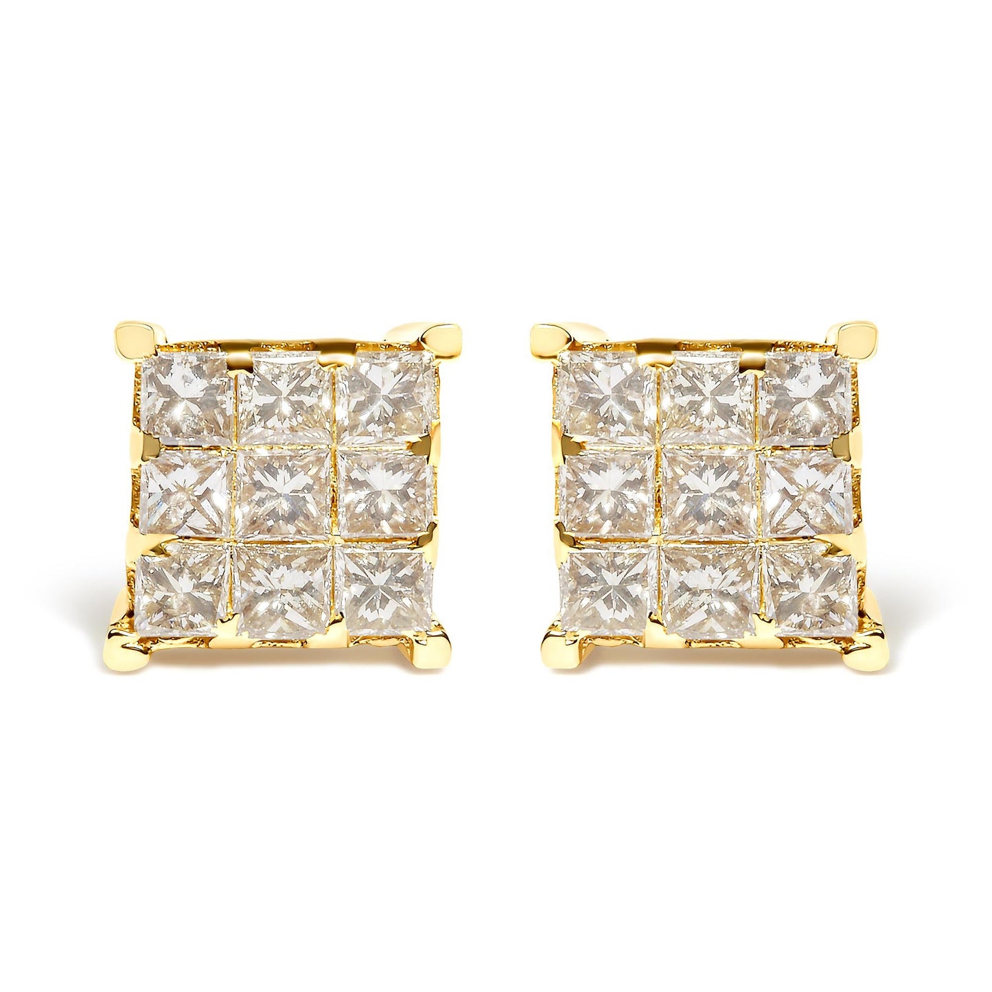 14K Yellow Gold 1 1/2 Cttw Invisible Set Princess-Cut Diamond 9 Stone Square Stud Earrings (J-K Color, SI2-I1 Clarity)