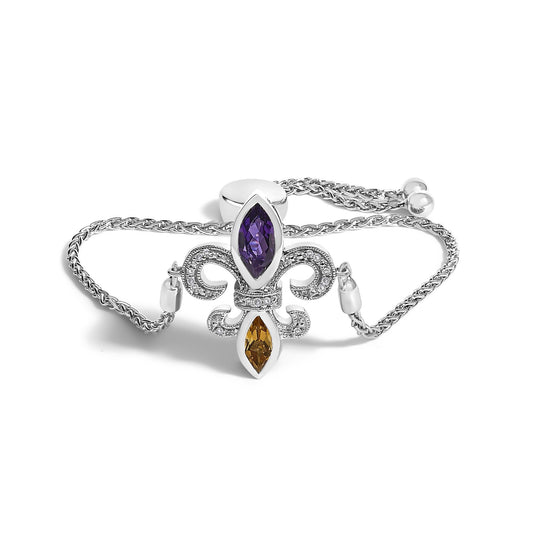 .925 Sterling Silver Marquise Purple Amethyst, Orange Citrine, and Diamond Accent Lariat 4â€-10â€ Fleur De Lis Adjustable Bolo Bracelet (I-J Color, I1-I2 Clarity)