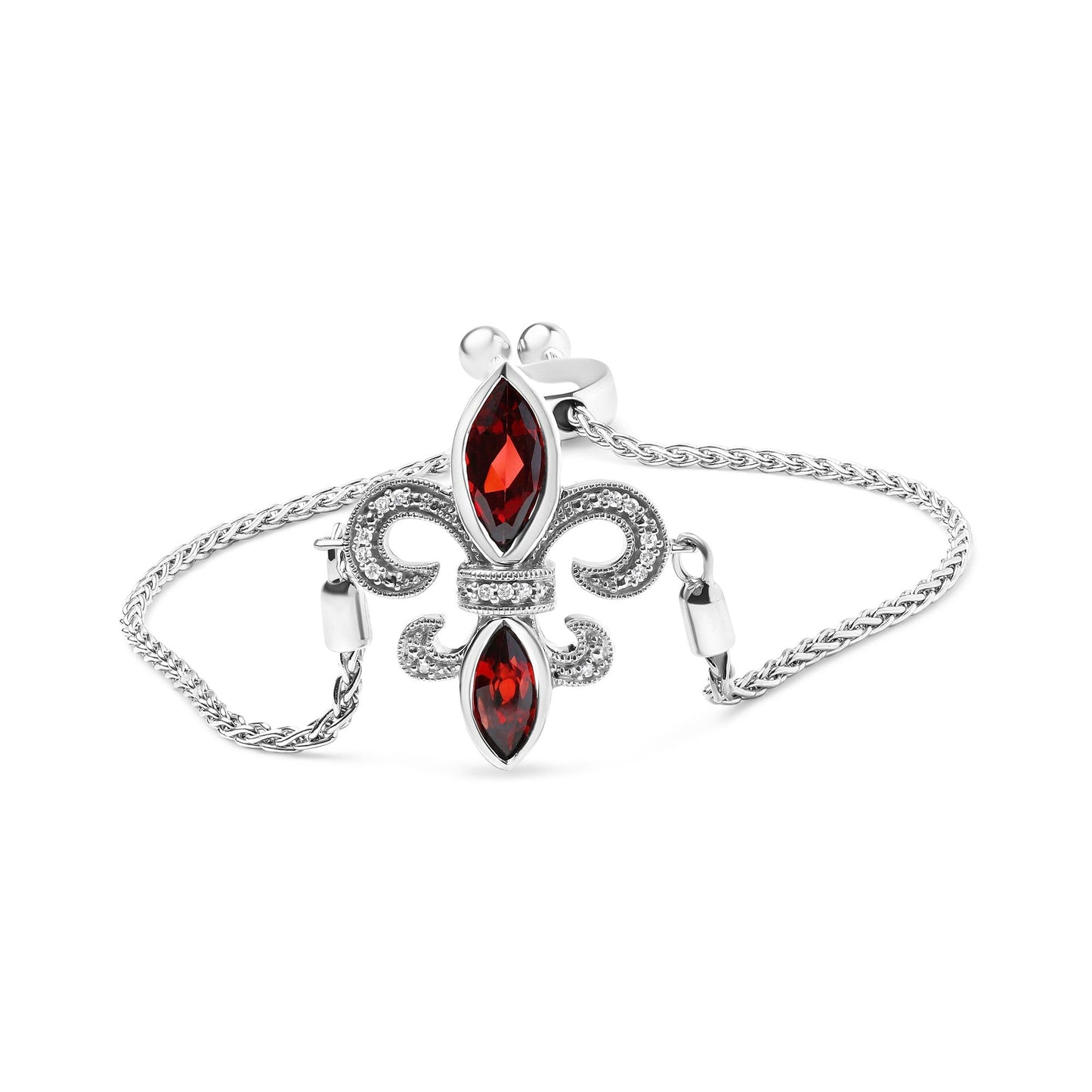 .925 Sterling Silver Marquise Garnet  and Diamond Accent Lariat 4â€-10â€ Fleur De Lis Adjustable Bolo Bracelet (H-I Color, SI1-SI2 Clarity)