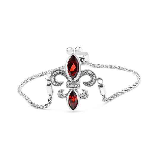 .925 Sterling Silver Marquise Garnet  and Diamond Accent Lariat 4â€-10â€ Fleur De Lis Adjustable Bolo Bracelet (H-I Color, SI1-SI2 Clarity)