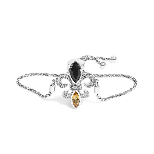 .925 Sterling Silver Marquise Black Onyx, Orange Citrine, and Diamond Accent Lariat 4â€-10â€ Fleur De Lis Adjustable Bolo Bracelet (I-J Color, I1-I2 Clarity) - 7"