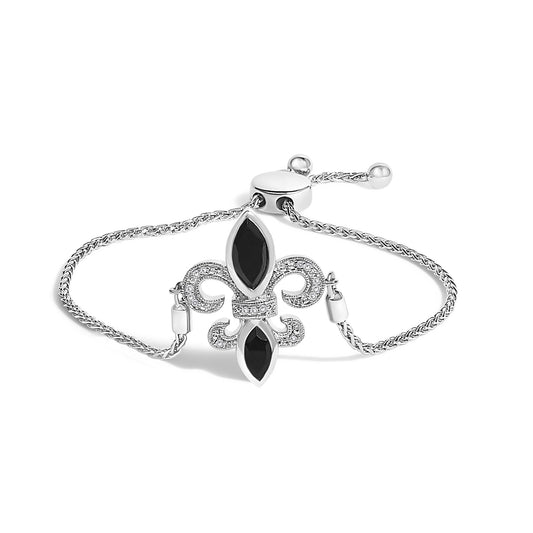 .925 Sterling Silver Marquise Black Onyx and Diamond Accent Lariat 4â€-10â€ Fleur De Lis Adjustable Bolo Bracelet (I-J Color, I1-I2 Clarity)