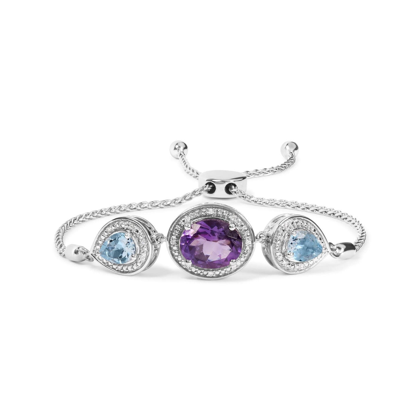 .925 Sterling Silver Oval Amethyst and Pear Blue Topaz with Diamond Accent Lariat 4â€-10â€ Adjustable Bolo Bracelet (H-I Color, SI1-SI2 Clarity)