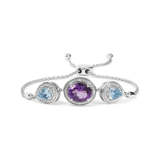 .925 Sterling Silver Oval Amethyst and Pear Blue Topaz with Diamond Accent Lariat 4â€-10â€ Adjustable Bolo Bracelet (H-I Color, SI1-SI2 Clarity)