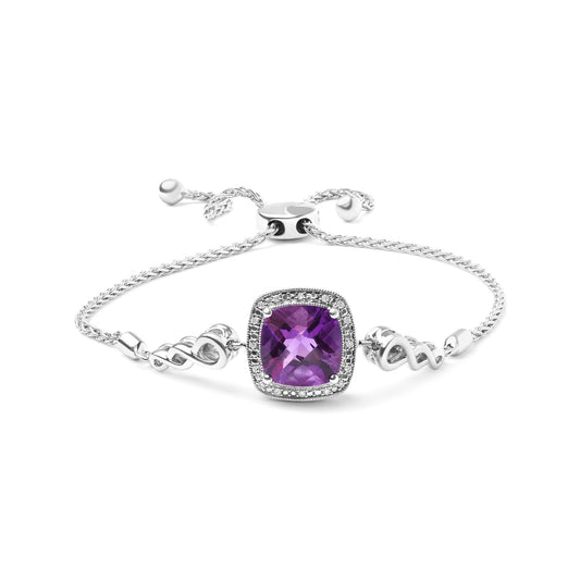 .925 Sterling Silver 10mm Cushion Cut Amethyst Gemstone and Diamond Accent Lariat 4â€-10â€ Adjustable Bolo Bracelet (H-I Color, SI1-SI2 Clarity)