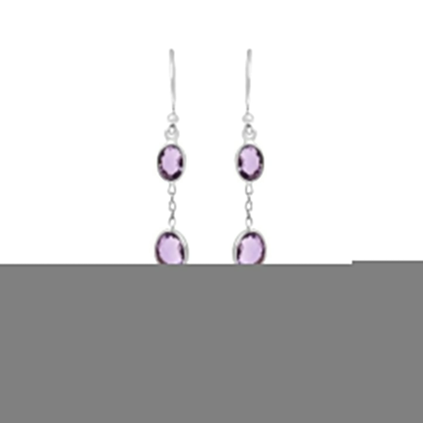 .925 Sterling Silver Checkerboard Cut Oval Purple Amethyst 2" Inch Drop and Dangle Earrings