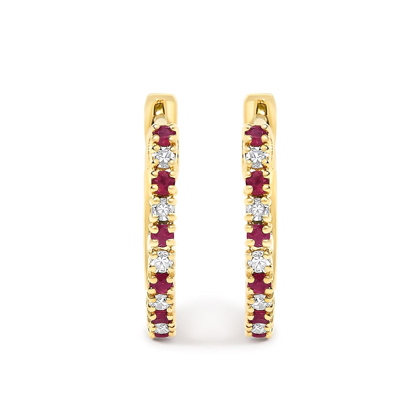 10K Gold Alternating Diamond and Red Ruby Huggy Hoop Earrings