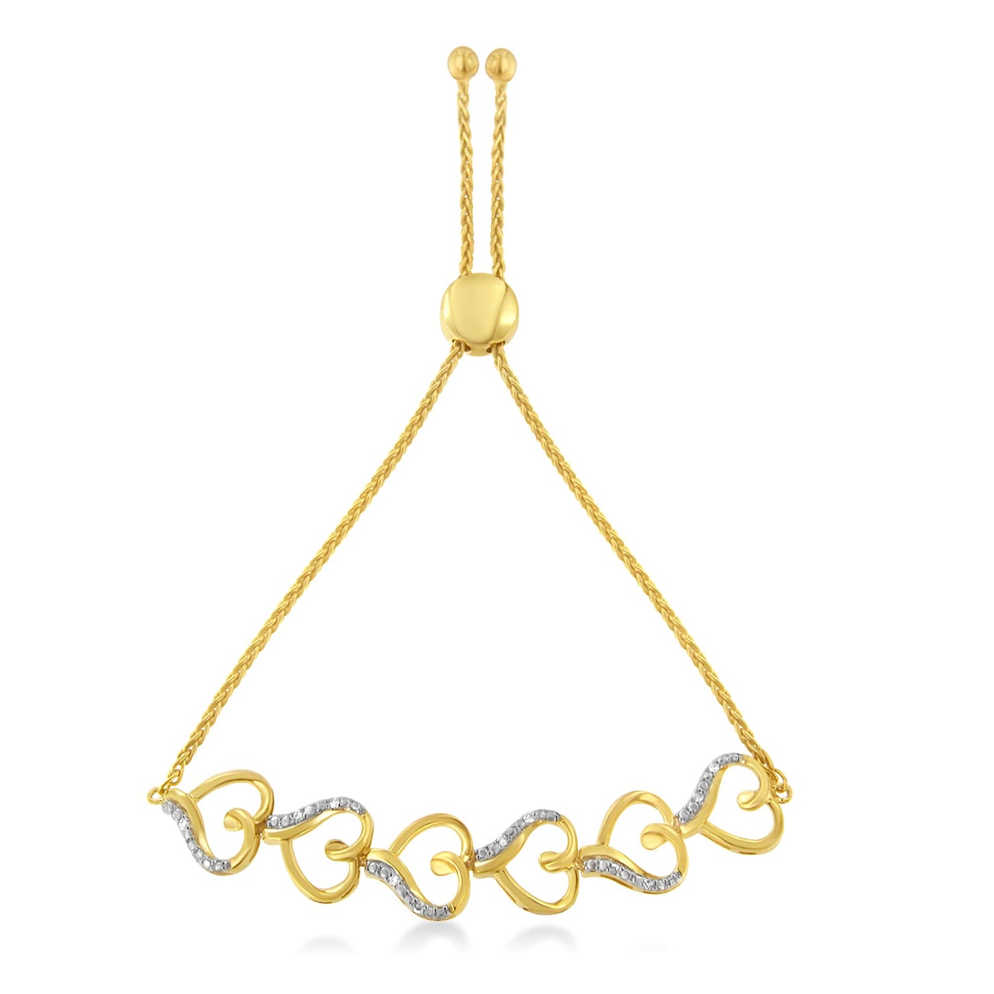 10K Yellow Gold over .925 Sterling Silver Diamond Accented Open Hearts 6â€-9â€ Adjustable Chain Bolo Bracelet (H-I Color, I2-I3 Clarity)