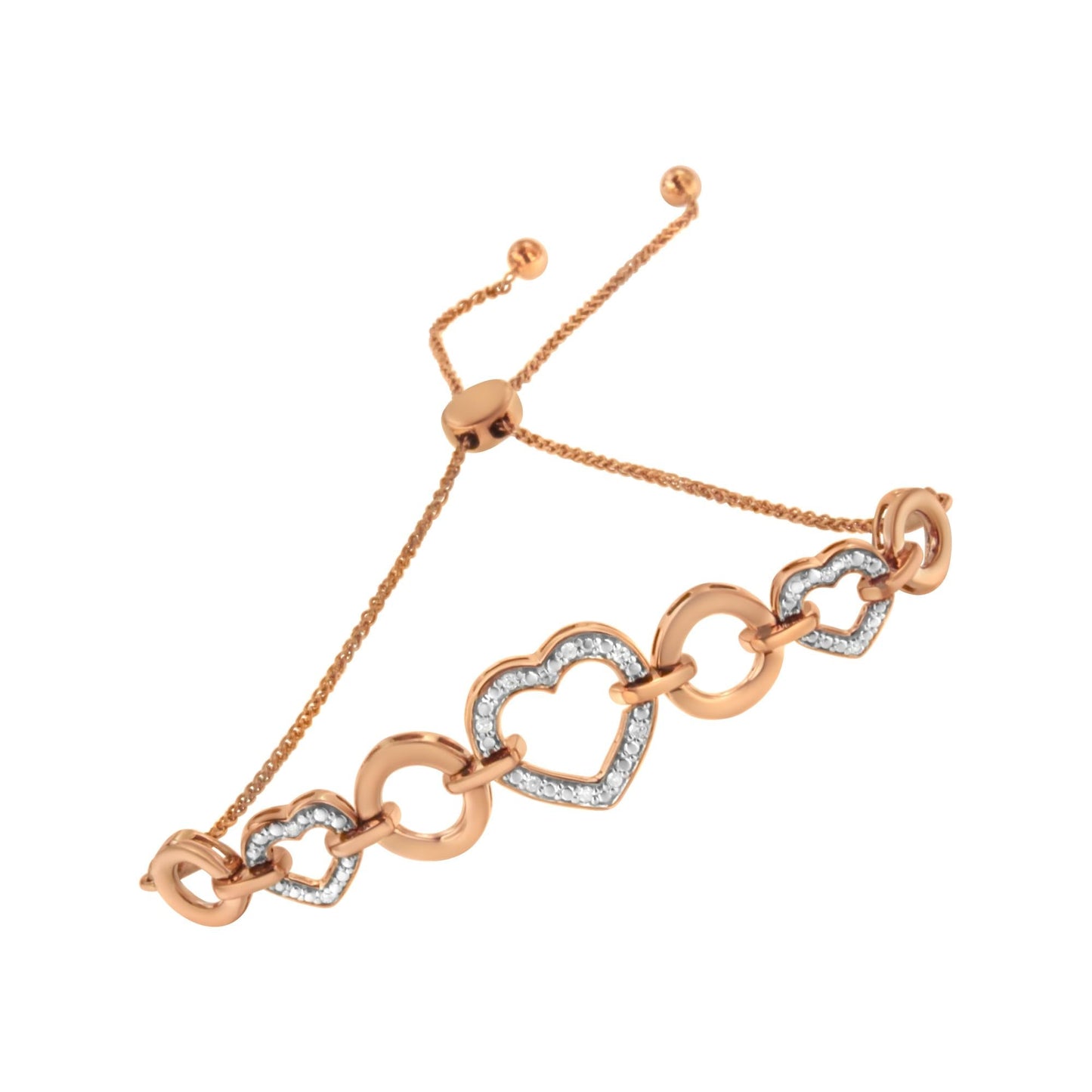 14K Rose Gold Plated .925 Sterling Silver Diamond Accent Circle and Heart Link Adjustable 6â€-10â€ Bolo Bracelet (I-J Color, I3 Clarity)