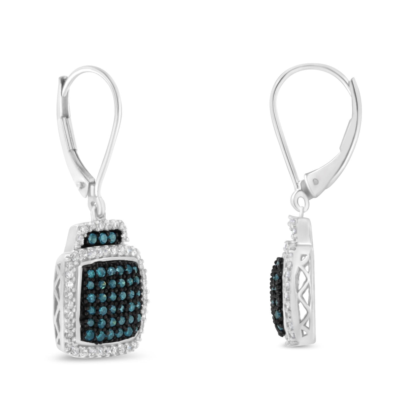 Black Rhodium over .925 Sterling Silver Â¾ Cttw Blue and White Diamond Cushion Shaped Dangle Earrings (Enhanced Blue & I-J Color, I2-I3 Clarity)