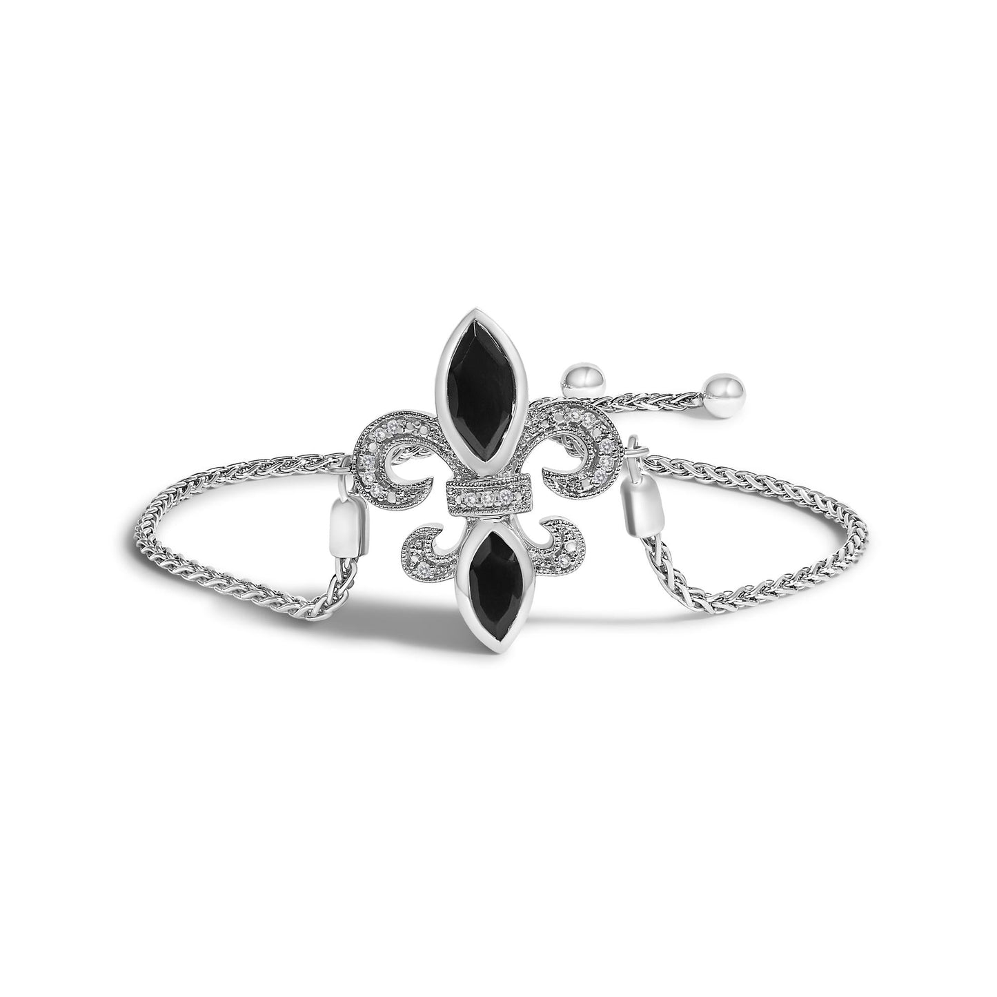 .925 Sterling Silver Marquise Black Onyx and Diamond Accent Lariat 4â€-10â€ Fleur De Lis Adjustable Bolo Bracelet (I-J Color, I1-I2 Clarity)