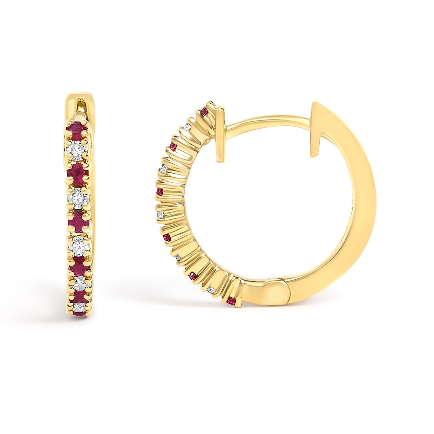 10K Gold Alternating Diamond and Red Ruby Huggy Hoop Earrings