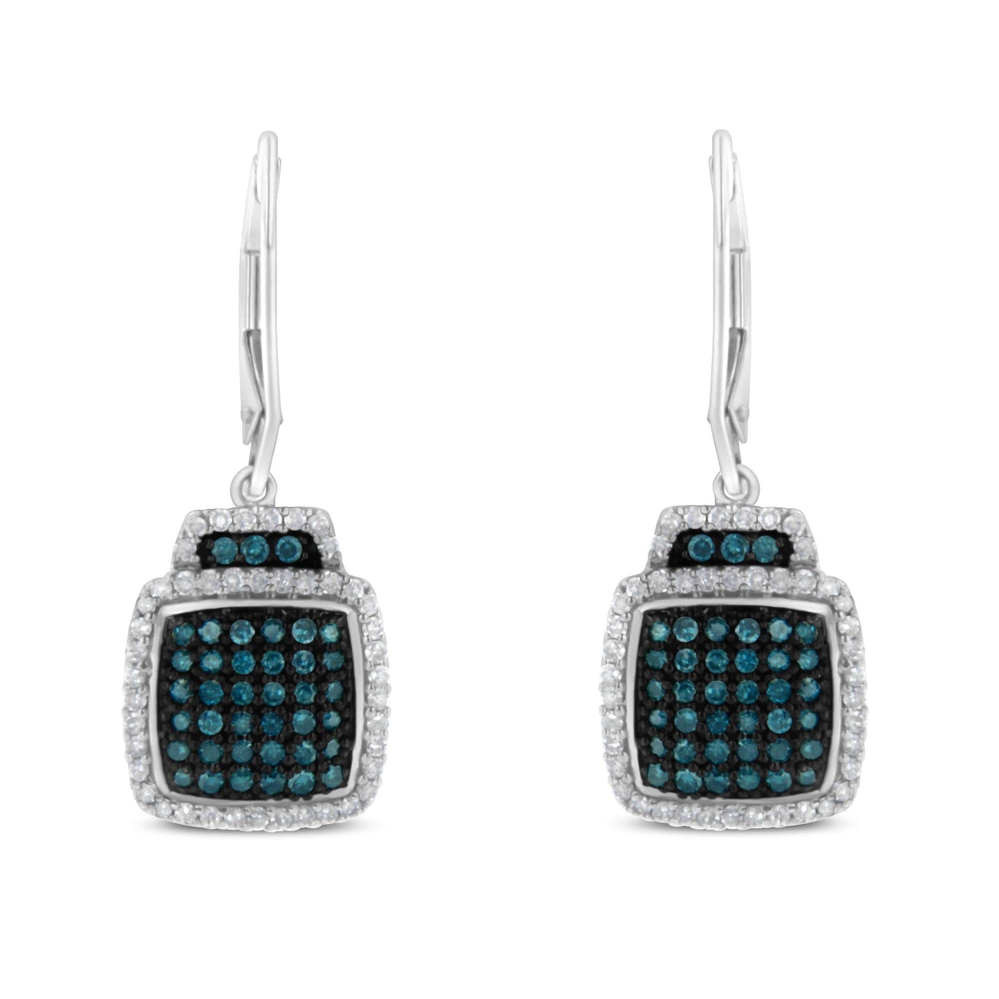 Black Rhodium over .925 Sterling Silver Â¾ Cttw Blue and White Diamond Cushion Shaped Dangle Earrings (Enhanced Blue & I-J Color, I2-I3 Clarity)