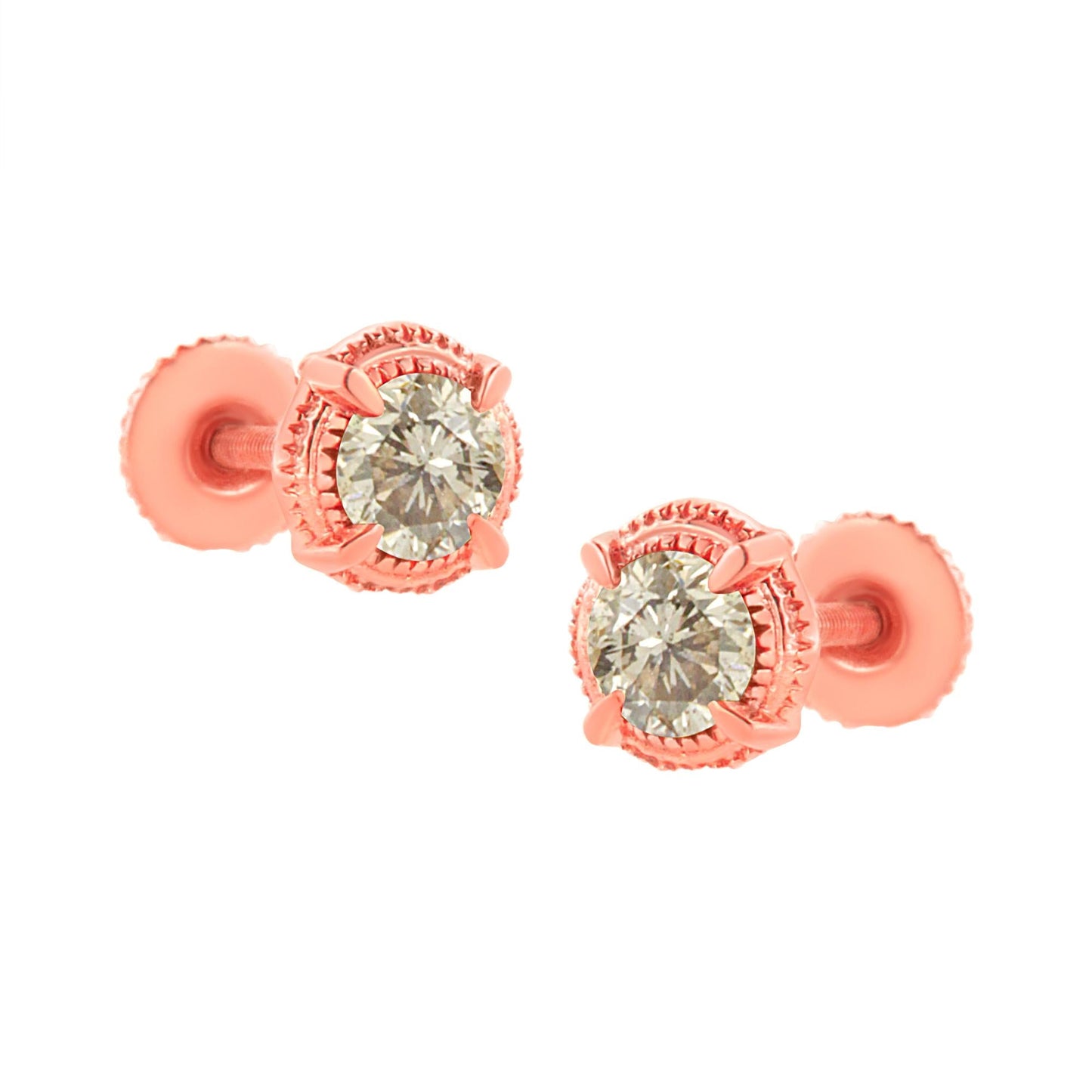 .925 Sterling Silver Round Brilliant Cut Diamond Solitaire Milgrain Stud Earrings