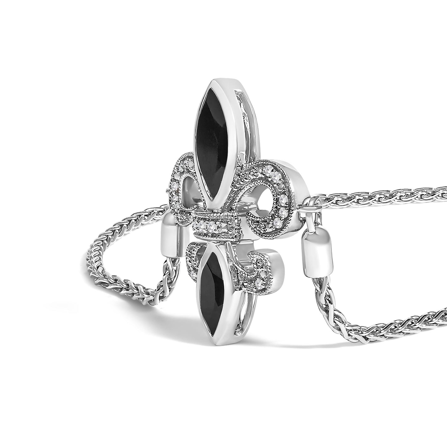 .925 Sterling Silver Marquise Black Onyx and Diamond Accent Lariat 4â€-10â€ Fleur De Lis Adjustable Bolo Bracelet (I-J Color, I1-I2 Clarity)