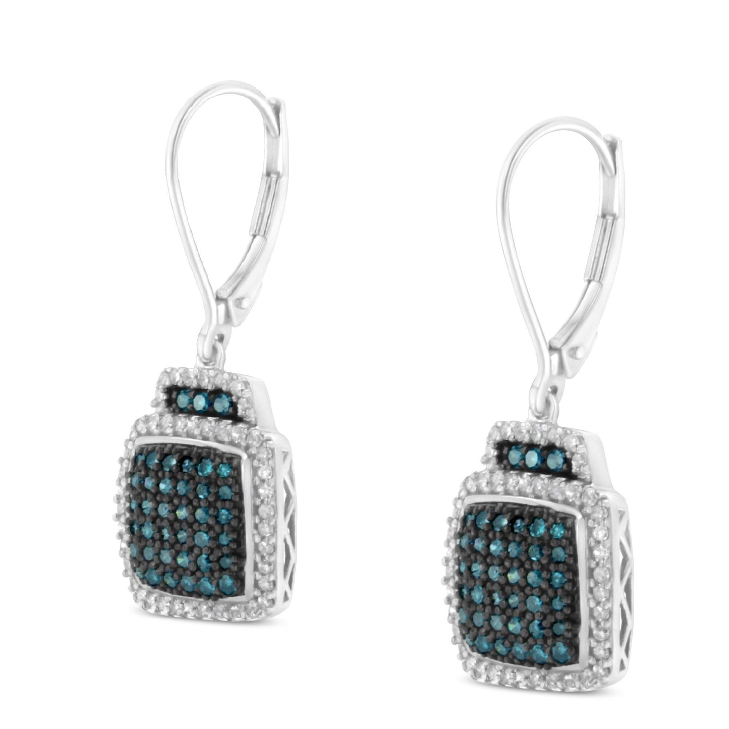 Black Rhodium over .925 Sterling Silver Â¾ Cttw Blue and White Diamond Cushion Shaped Dangle Earrings (Enhanced Blue & I-J Color, I2-I3 Clarity)