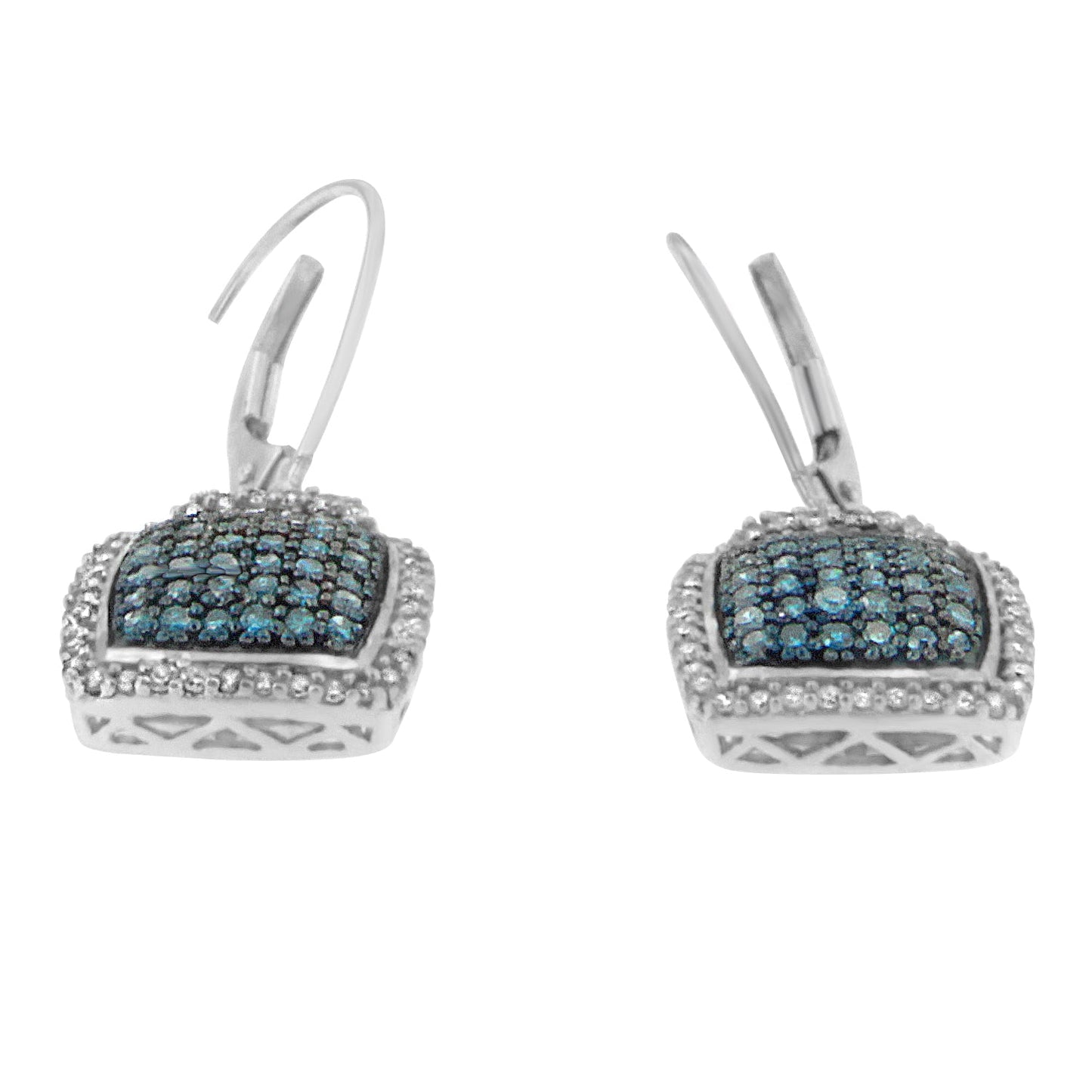 Black Rhodium over .925 Sterling Silver Â¾ Cttw Blue and White Diamond Cushion Shaped Dangle Earrings (Enhanced Blue & I-J Color, I2-I3 Clarity)