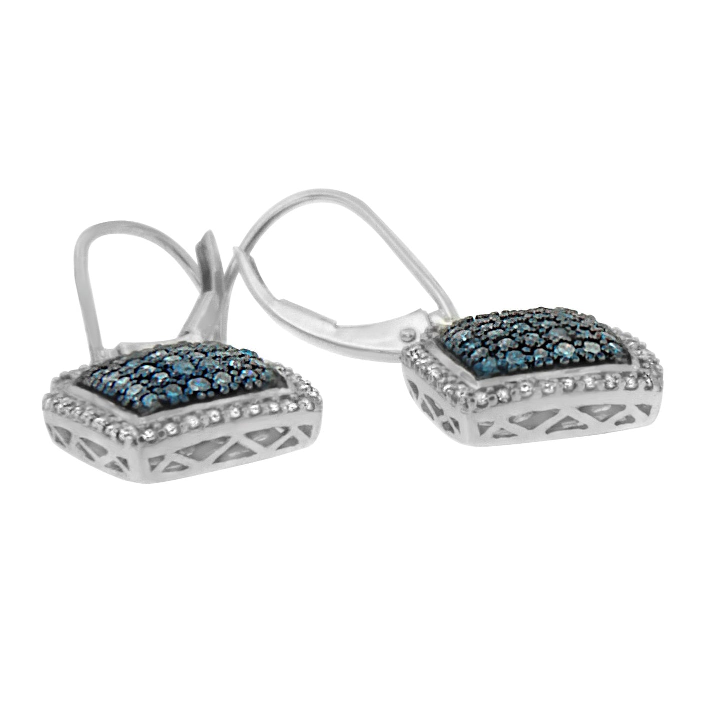 Black Rhodium over .925 Sterling Silver Â¾ Cttw Blue and White Diamond Cushion Shaped Dangle Earrings (Enhanced Blue & I-J Color, I2-I3 Clarity)