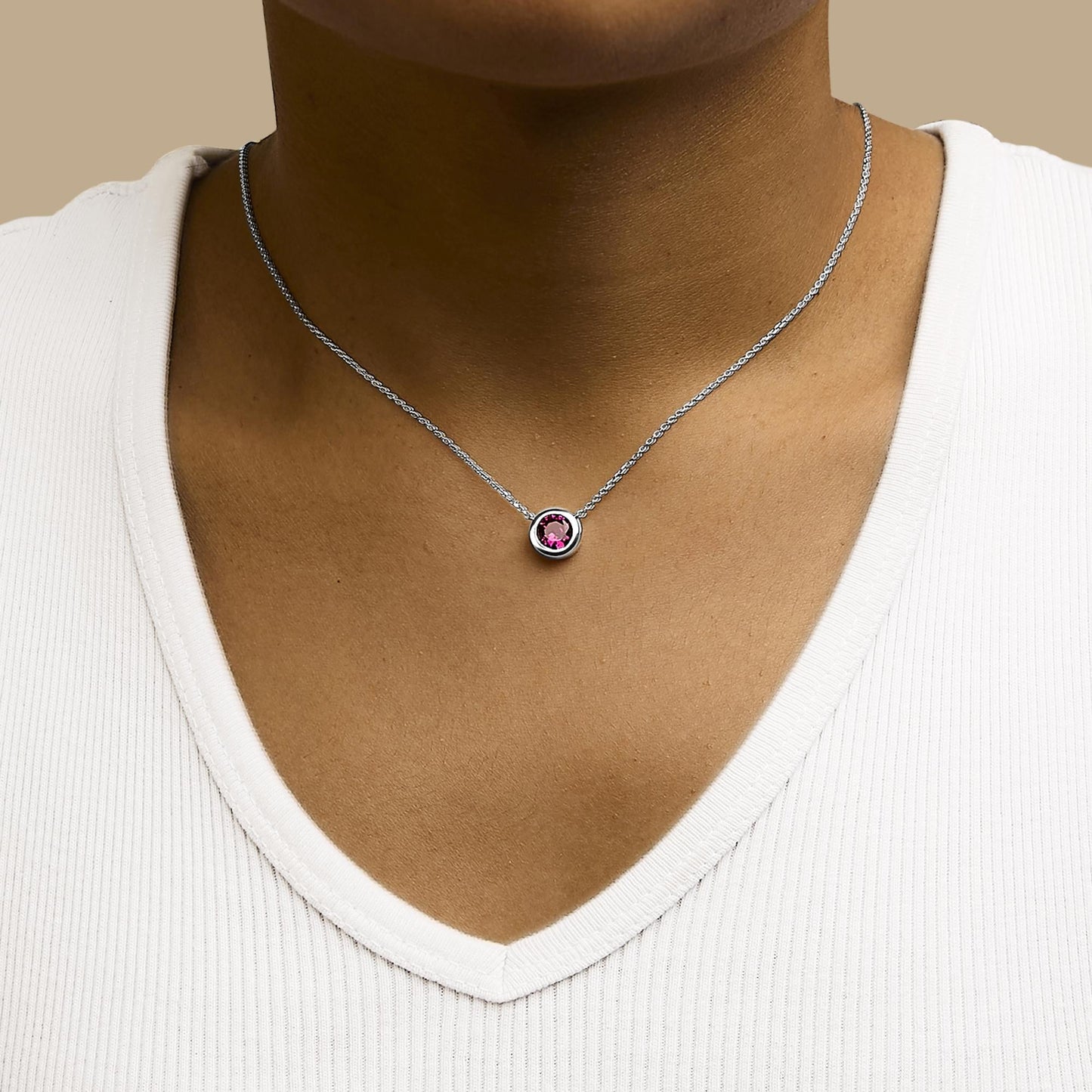 .925 Sterling Silver 7MM Bezel Set Created Gemstone Pendant Necklace - 18" Inches