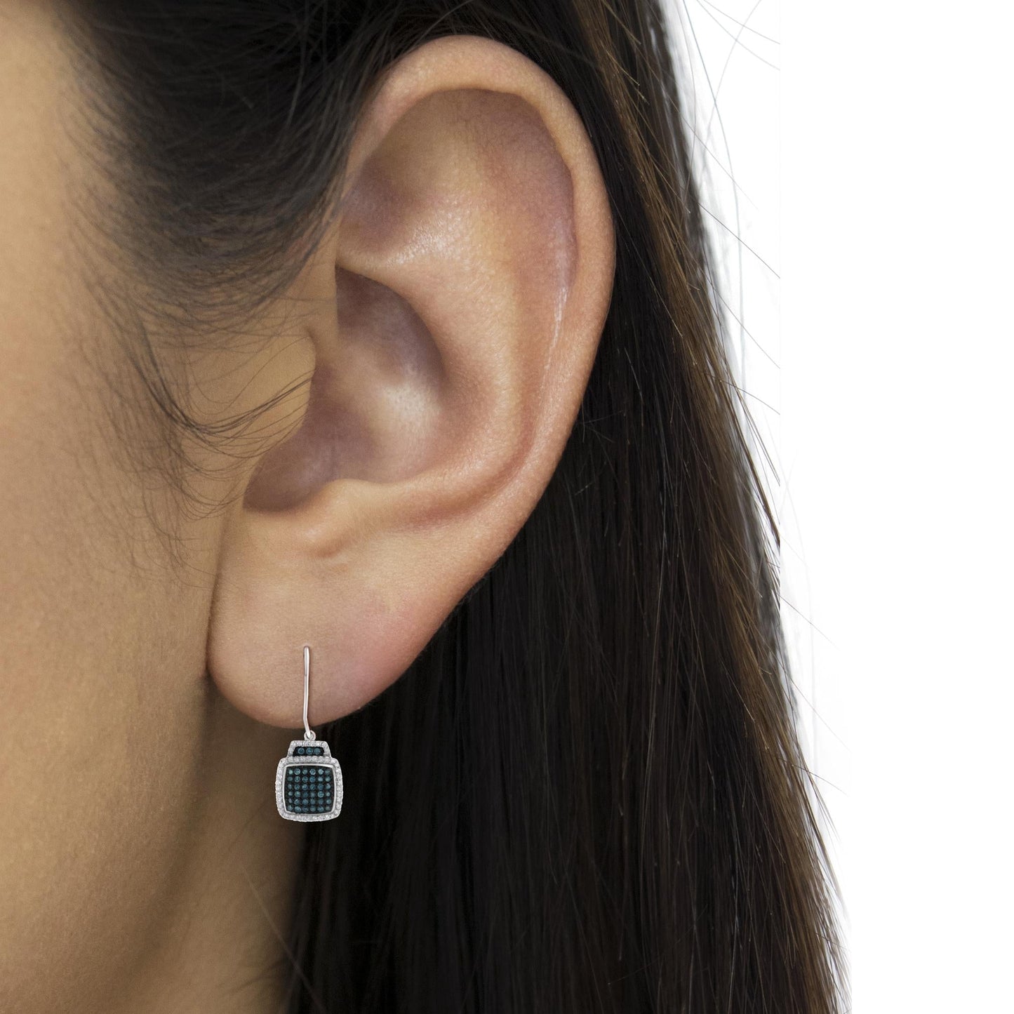 Black Rhodium over .925 Sterling Silver Â¾ Cttw Blue and White Diamond Cushion Shaped Dangle Earrings (Enhanced Blue & I-J Color, I2-I3 Clarity)