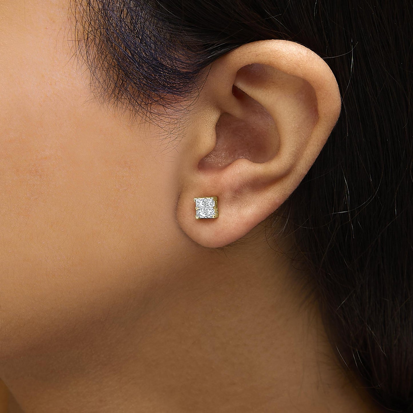 14K Yellow Gold 1/2 Cttw Invisible Set Princess Diamond Composite Square Stud Earring (K-L Color, SI1-SI2 Clarity)