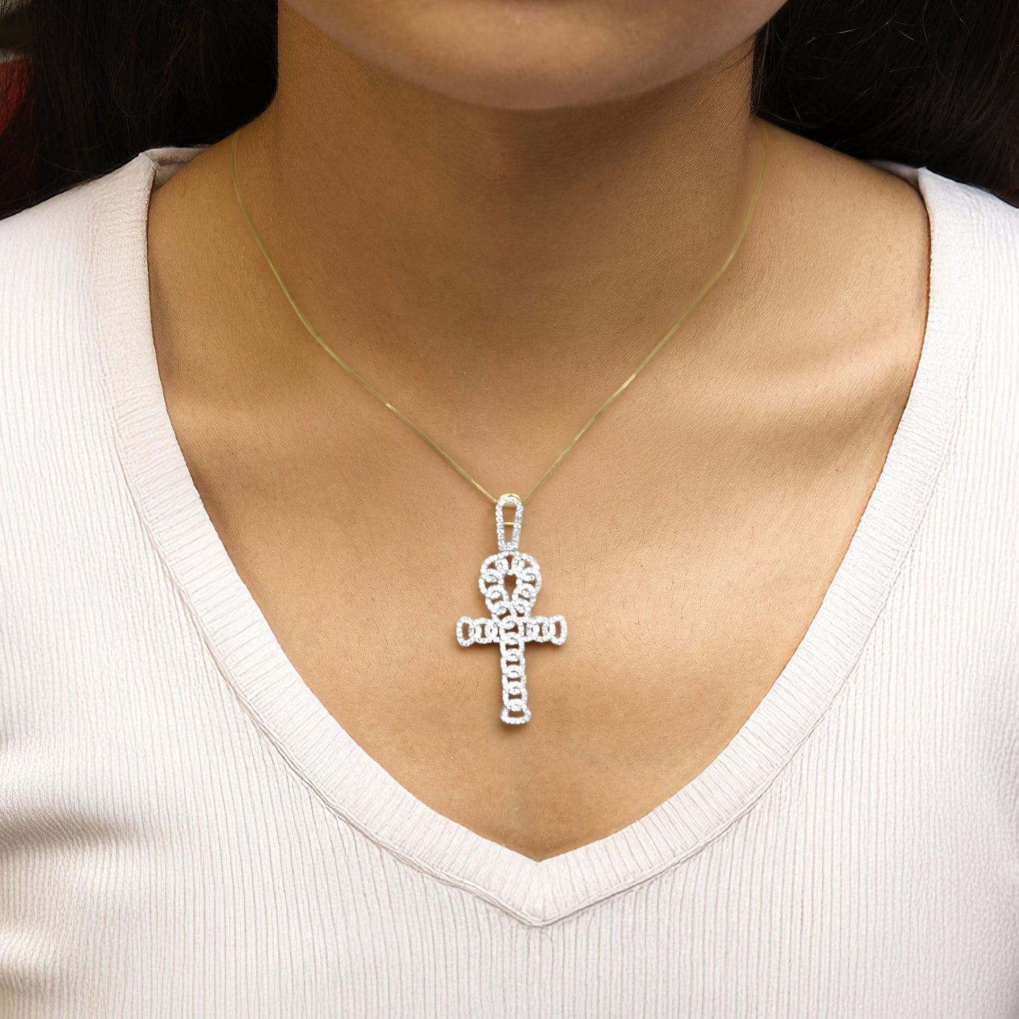 10K Yellow Gold 1.00 Cttw Ankh Cross Pendant (H-I Color, SI1-SI2 Clarity) -18" Inches