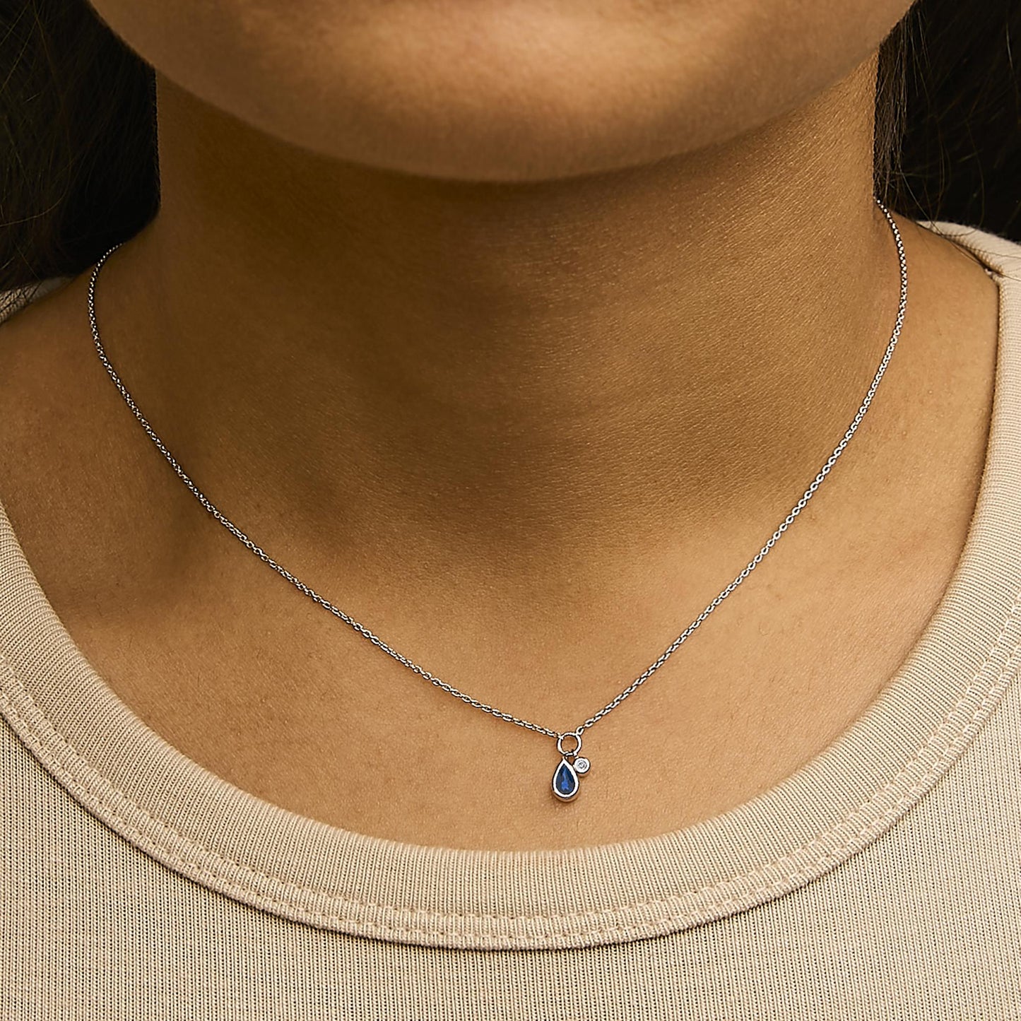 10K White Gold 6x4 mm Pear Blue Sapphire and Diamond  Accent Charm Pendant Necklace - 18" Inches