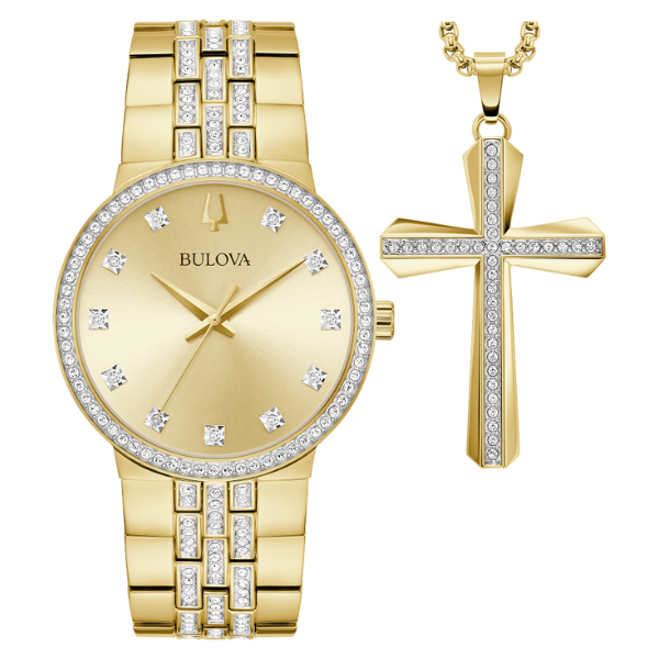 98K113 Crystal Quartz Men  Watch and Cross Pendant Necklace Box Set