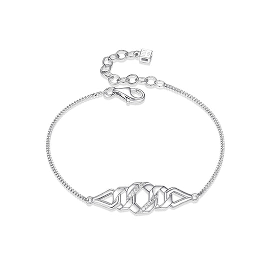 ELLE "Lattice" Sterling Silver Hexagon Link and Pave Cubic Zirconia Station Bracelet - Silver