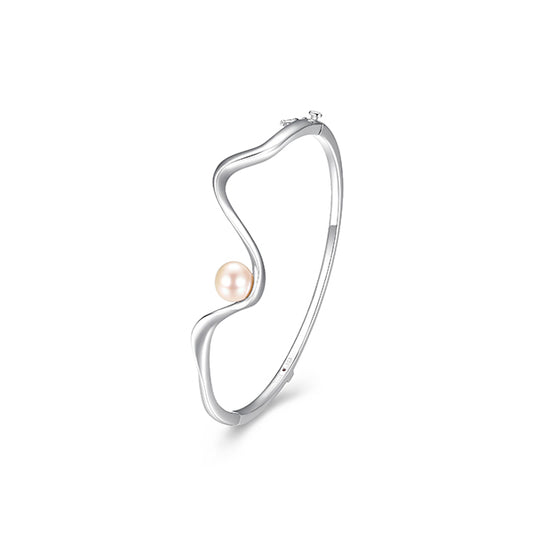 Elegant Luna Genuine White Pearl Wavy Hinge Bangle