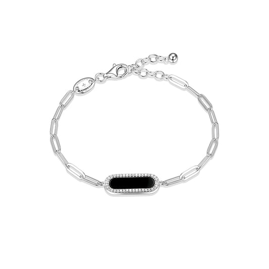 Charles Garnier Paperclip Oval Black Agate with CZ Chain Bracelet