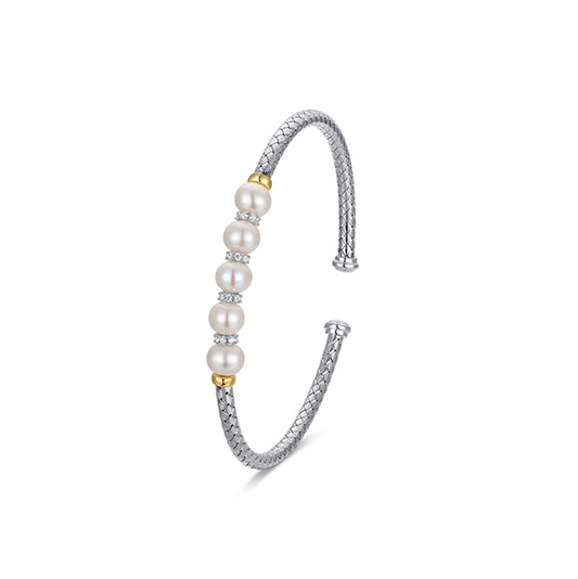 Elegant New Mesh Genuine Pearl & CZ Cuff Bangle