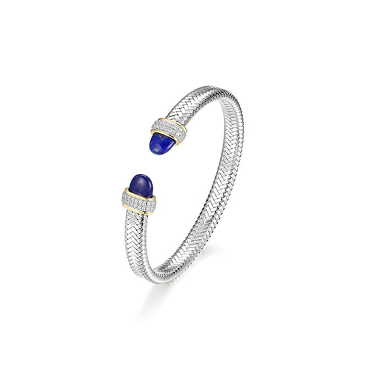 Elegant Genuine Lapis Lazuli with CZ Mesh Cuff Bangle 