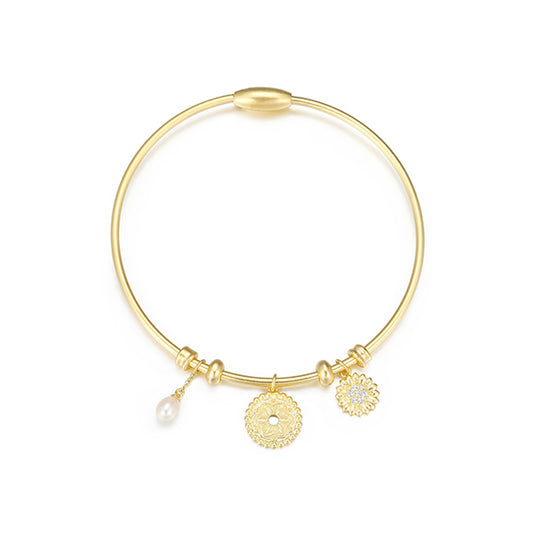 Elegant Genuine Pearl Flower Medallion Charm Flexi Bangle