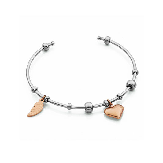Elegant Open Bangle with Rose Leaf and Heart Charm
