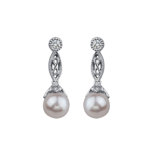 6mm Pearl and Diamond Drop Earrings in 14K White Gold (0.095 CT. T.W.)