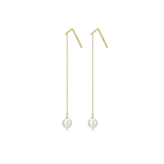 6mm Genuine Pearl Long Chain Earrings - Gold