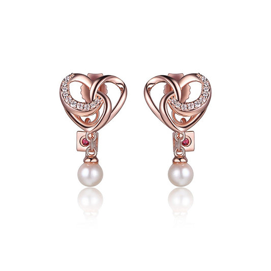 ELLE "Amour" Sterling Silver Cubic Zirconia and Genuine Pearl Heart Post Earrings - Rose Gold
