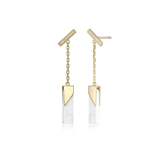 ELLE "Spatial" Sterling Silver Howlite and Cubic Zirconia Bar Drop Stud Earrings - Gold