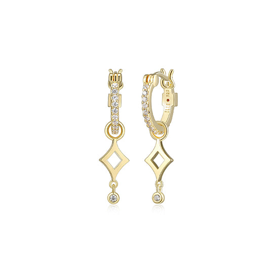 ELLE "Stellar" Sterling Silver Gold Plated Plain Rhombus Drop with Cubic Zirconia Hoop Earrings - Gold