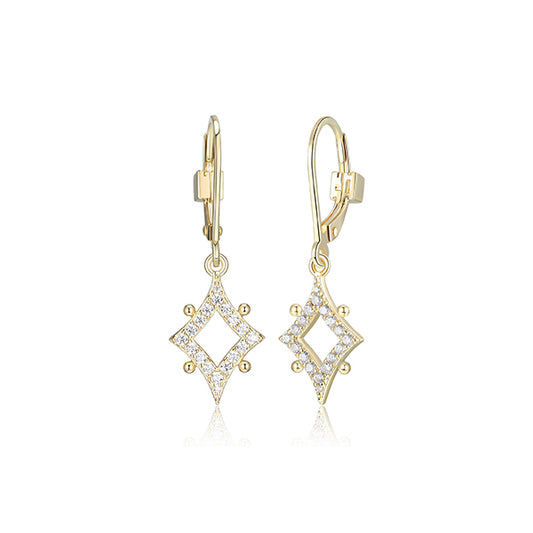 ELLE "Stellar" Sterling Silver Gold Plated Plain Rhombus with Pave Cubic Zirconia Dangle Earrings - Gold