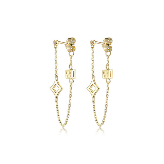 ELLE "Stellar" Sterling Silver Gold Plated Plain Rhombus with Cubic Zirconia Stud and Chain Earrings - Gold