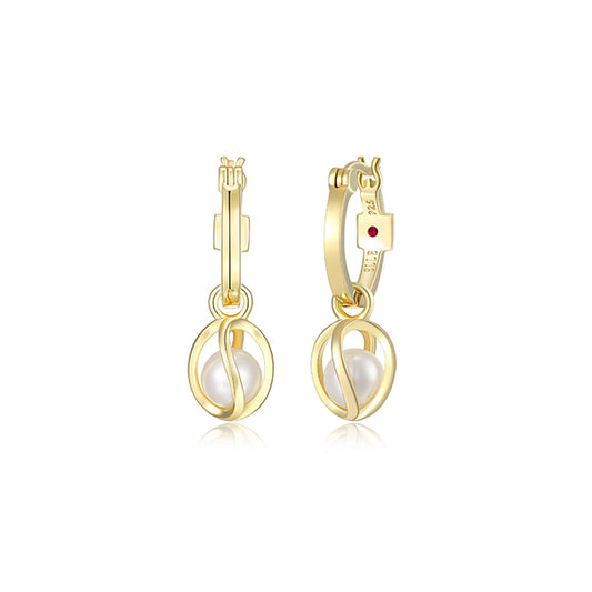 ELLE "Luna" Sterling Silver White Pearl and Cage 15mm Hoop Earrings - Gold